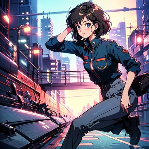 A city pop poster with a retro 80s feel、Imagine the album cover。With the highest quality anime illustrations、The main character is a blonde girl with short hair.。Her eyes shine blue、He is wearing sunglasses and rapper-style clothing.、Holding a guitar、I&#39...