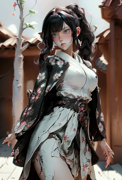 (masterpiece, best quality, ultra detailed, absurdres:1.5), 1girl, 1 girl, (sexy, beautiful woman, perfect face, perfect eyes, perfect female body:1.5), (kanaodef, black hair, long hair, blunt bangs, bangs, hair ornament, bug, butterfly, side ponytail, but...