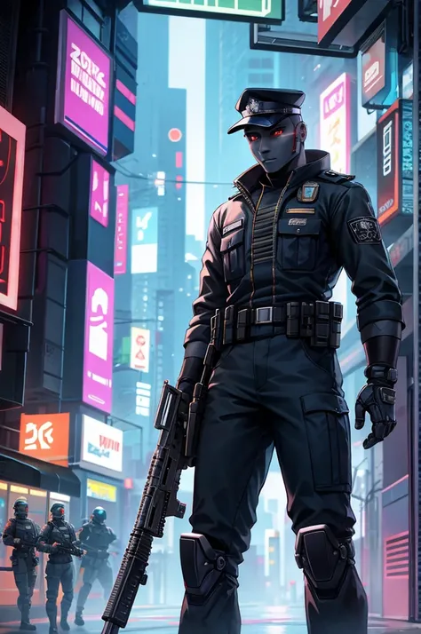 Cyberpunk Robot Policeman with a rifle arm
