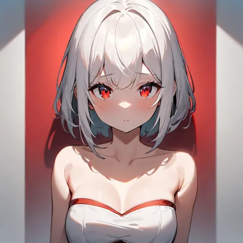 1 girl,Solo,White hair,red eyes,;strapless Bikini),contrast,masterpiece,best quality,very aesthetic,absurdres,highlight,straight-on,pov