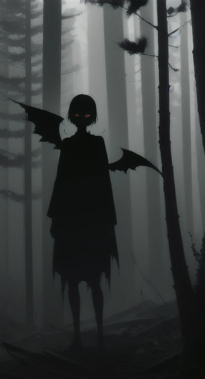 Foggy Forest, demonic silhouette, fairy shadow figure, red eyes, eyes in the fog, rotting, looking dead, torn wings, forest ruins,