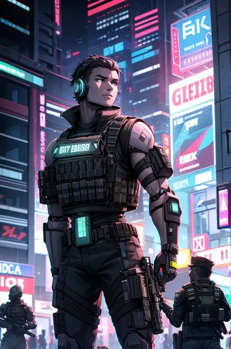 Cyberpunk Robot Soldier with a rifle arm and a complete bulletproof vest
