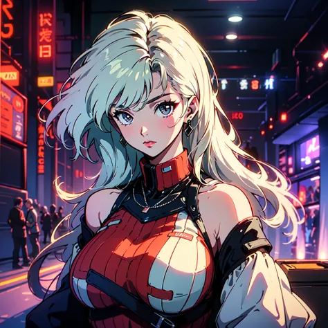 A city pop poster with a retro 80s feel、Imagine the album cover。With the highest quality anime illustrations、The main character is a blonde girl with short hair.。Her eyes shine blue、He is wearing sunglasses and rapper-style clothing.、Holding an acoustic gu...