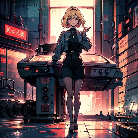 A city pop poster with a retro 80s feel、Imagine the album cover。With the highest quality anime illustrations、The main character is a blonde girl with short hair.。Her eyes shine blue、He is wearing sunglasses and rapper-style clothing.、Holding an acoustic gu...