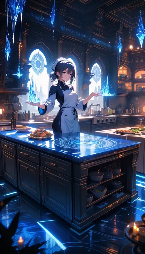 ((best quality)) , ((masterpiece)) , (detailed)，1 female，beautiful detailed glow, detailed ice, beautiful detailed water, (magic circle:1.2), (floating palaces:1.3)，((kitchen))，Female chef，High heel，((whole body))