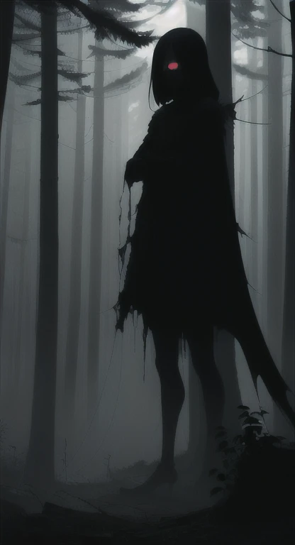 Foggy Forest, demonic silhouette, fairy shadow figure, red eyes, eyes in the fog, rotting, looking dead, torn wings, forest ruins,