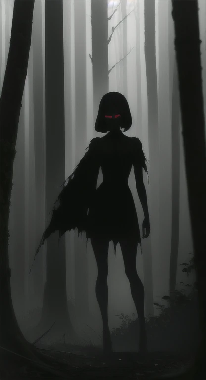 Foggy Forest, demonic silhouette, fairy shadow figure, red eyes, eyes in the fog, rotting, looking dead, torn wings, forest ruins,