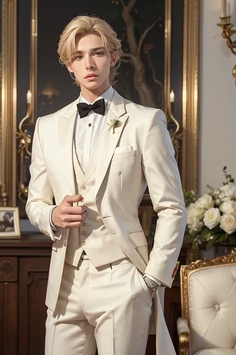 (8k, Best Quality, masterpiece:) angel ,It has no wings , male ,humanized light skin color, delicate, no body hair ,muscular without exeder and marked waist, short wavy very light blonde hair , light honey colored eyes , white tuxedo suit 