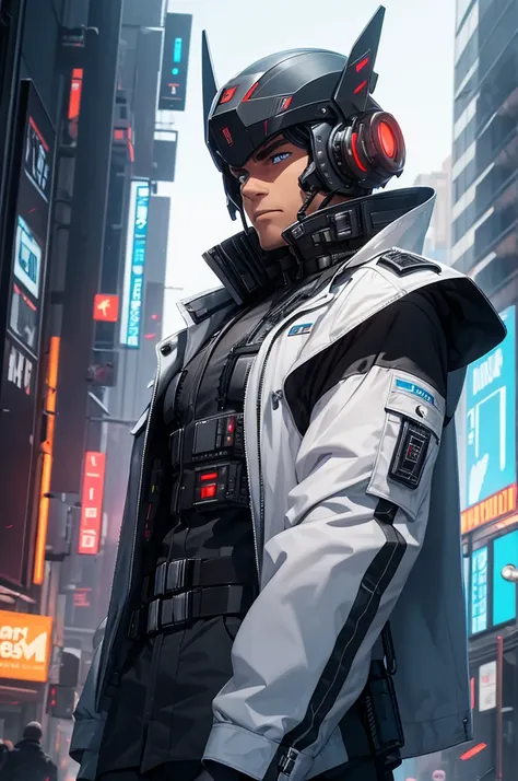 make a futuristic military, man in a technological uniform. futuristic cyberpunk cear