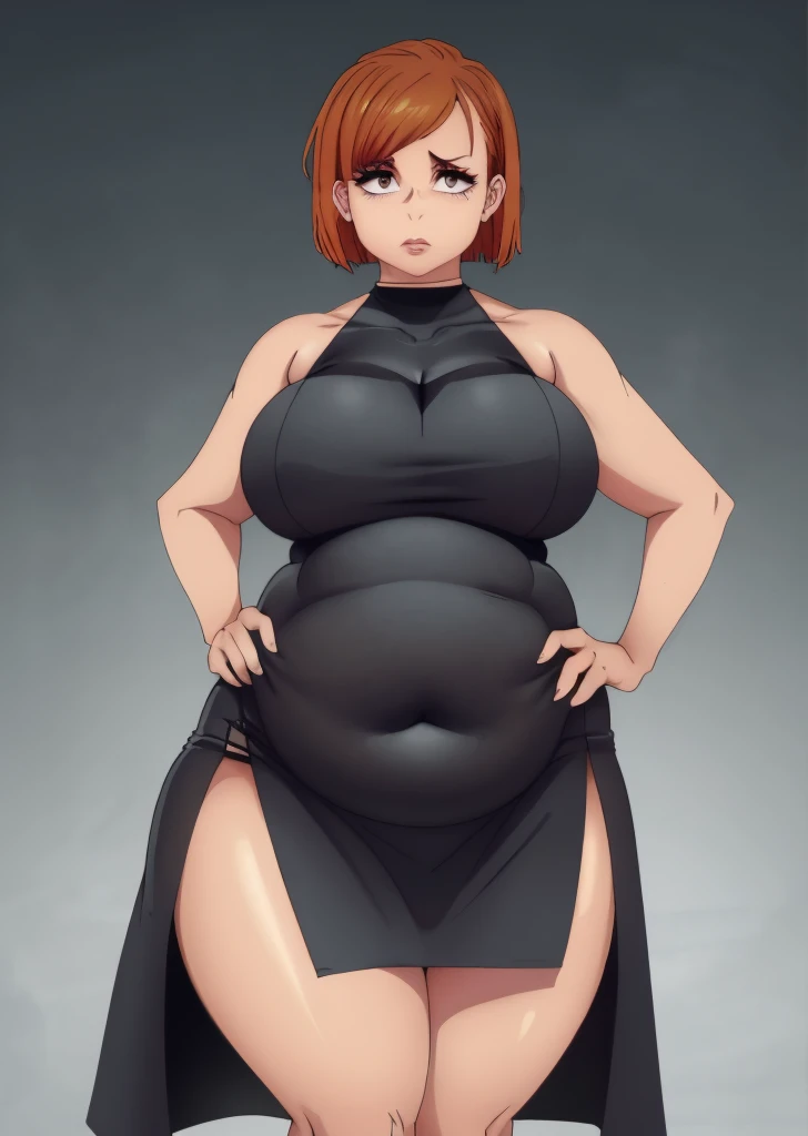 (masterpiece, best quality, highres, absurdres), 1girl, nobara, chubby , big breasts, chubby belly, thick thighs, art by kipteitei, brown hair, short hair, straight hair, black dress, tight dress, simple background, gradient background,