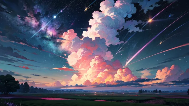 no people, landscape, anime, clouds, cuteness, pink clouds, milky way, milky way in the sky, milky way visible, many stars, green field, ate in flowers, field, many plants, A falling star, a falling star, a meteorite, a falling meteorite, an14