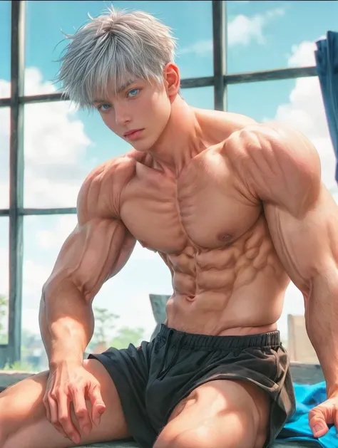 1boy, adult, handsome, perfect face, detailed eyes and face, clean shaved, muscular, capturing a rural atmosphere, dynamic lighting, unreal engine 5, hd picture, satoru gojo, white hair, short hair ,hair between eyes ,blue eyes, white skin, pink nipple, mi...