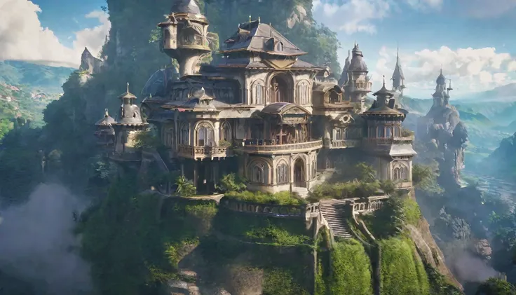 a stunning villa on a mountain, fantasy rpg d&d style, intricate architecture, ornate details, medieval castle, turrets and towers, mystical atmosphere, epic landscape, rolling hills, lush foliage, dramatic lighting, cinematic composition, high quality, ma...