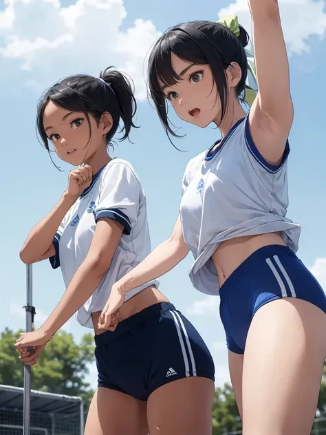 masterpiece, best quality, 2girls, ((drak blue buruma)), ((gym uniform)), black hair, ponytail, buruma, slender body, white headband, (Wedgie buruma), gym uniform, (one arm up), ((raise one arm straight up)), (stand with both feet together), (stand up stra...