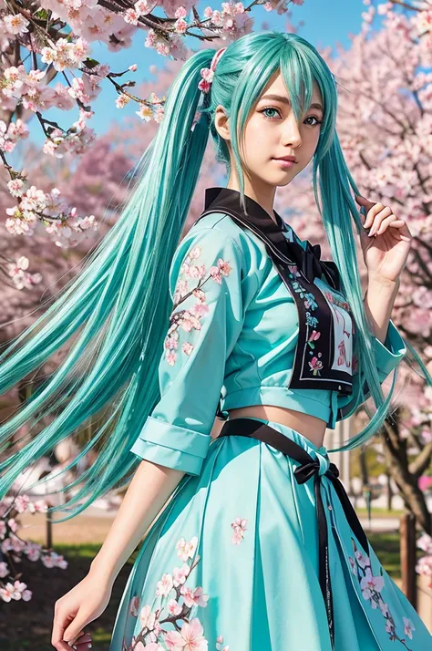 Hatsune Miku, , long blue twin tails, green eyes, detailed facial features, beautiful detailed eyes, beautiful detailed lips, extremely detailed face, longeyelashes,  figure, standing pose, school background, outdoors, cherry blossom trees, sunlight, vibra...