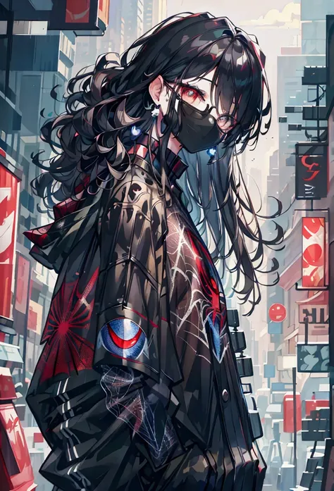 spider suit, spider web print, spider web, spider-man, Masterpiece, absurd, fine details, HDR, ((highly detailed face and eyes)), photorealistic,, focus on the eyes,, standing on the roof of a skyscraper, ((without mask)), looking at the viewer, smiling, b...