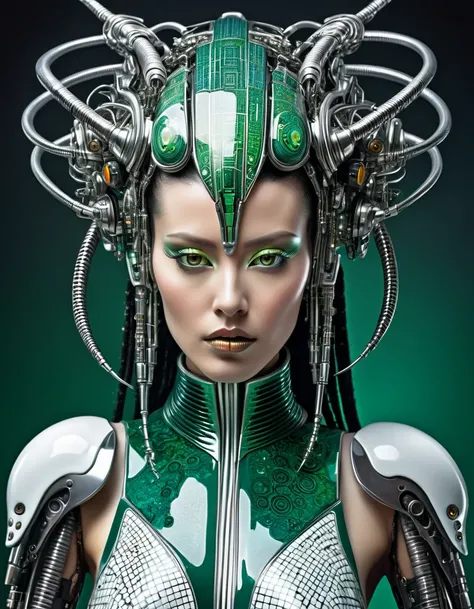 A remarkable biomechanical entity resembling an alien cyborg woman, featuring a stunning silver metallic head and glossy chinese porcelain dark green and white & all covered by small colorful rectangle tiles, face equipped with a high-tech device and black...