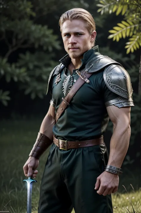 A DND character, Oath of the Ancients paladin with blonde hair who slightly looks like Charlie Hunnam. He has a scar that goes from his nose to the left cheek which adds some bravery to his overall look. The paladin is looking directly at the screen, his p...