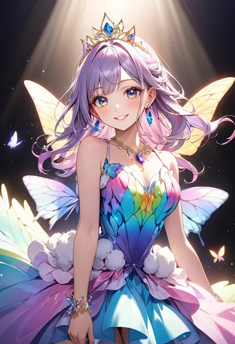 Cowboy Shots、Shot from below、ファッション ショーのRunway上の美しくエレガントなファッション モデル、Smiling with a captivating expression、Fluffy rainbow fairy costume、Big butterfly wing gimmick、tiara、necklace、bracelet、Earrings、accessories、gem、Fairy Makeup、Ideal body type、Gorgeous detaile...