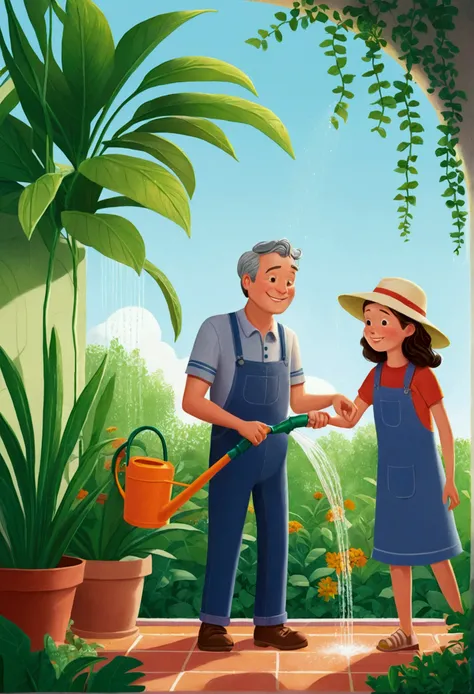 There is a middle-aged man and a girl watering plants., childrens book illustration, childrens book illustration, childrens book illustration, commercial illustration, childrens book illustration, flat illustration, detailed 2D illustration, 2D illustratio...