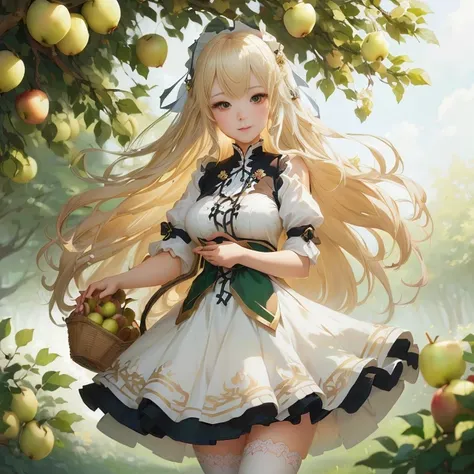 anime girl in a white dress with long blonde hair and a basket of apples, render of april, cute anime waifu in a nice dress, blonde anime girl with long hair, guweiz on pixiv artstation, cushart krenz key art feminine, a maid in a magical forest,  in dress...