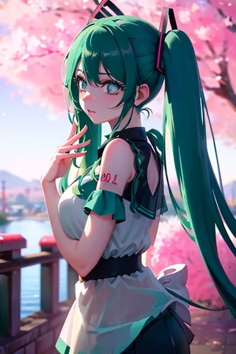 Hatsune Miku, , long blue twin tails, green eyes, detailed facial features, beautiful detailed eyes, beautiful detailed lips, extremely detailed face, longeyelashes,  figure, standing pose, school background, outdoors, cherry blossom trees, sunlight, vibra...