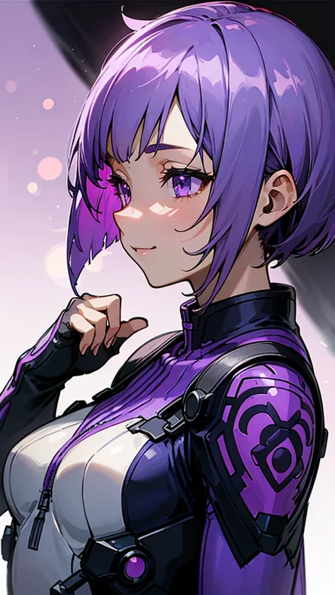 1 girl、8k、Sharp focus、(Bokeh) (Highest quality) (Detailed skin:1.3) (Intricate details) (anime)、Purple short bob hair, Violet Eyes、White and blue pilot suit、smile、profile、Upper body close-up