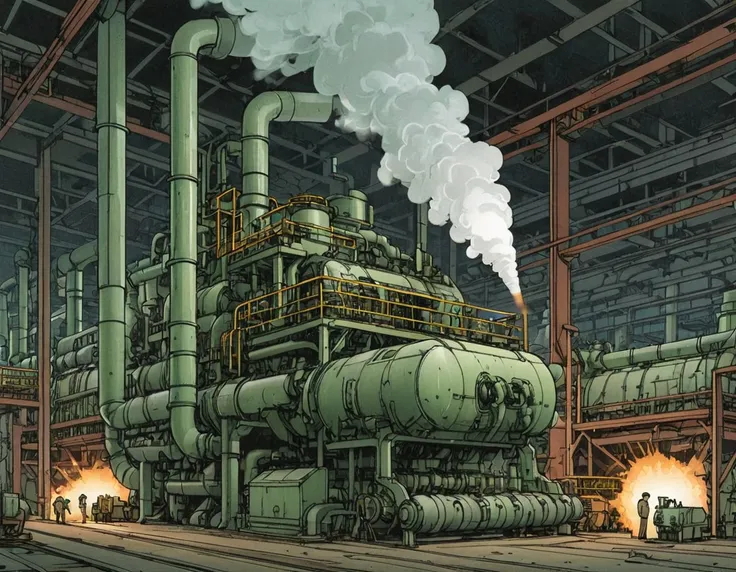 comic panel illustration of large factory steam machine, akira style