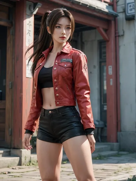 Mai Shiranui, wearing a red denim jacket, wearing black lycra shorts, wearing black ankle boots , Cinematic, epic realism, 8k, highly detailed