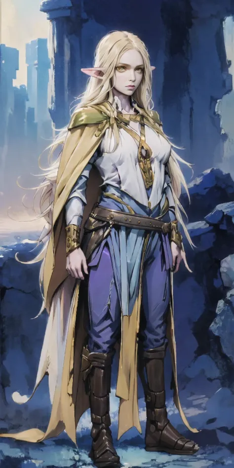 masterpiece, best quality, high quality, elf, long hair, pale hair, yellow eyes, purple skin, deep blue cape with golden ornamen...