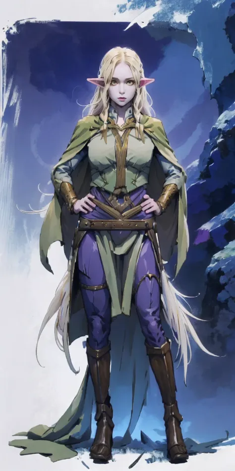 masterpiece, best quality, high quality, elf, long hair, pale hair, yellow eyes, purple skin, deep blue cape with golden ornamen...