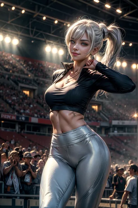 (masterpiece, best quality:1.2), cowboy shot, dynamic pose, weissvale, smile, closed mouth,  looking at viewer, long white hair, side ponytail, scar above eye, scar below eye, t-shirt, yoga pants,  jewelry, necklace, earrings, standing in stadium, crowd