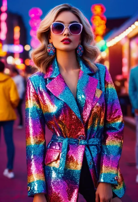 a Fashion Model, fun and stylish Fashion, full body, by Lisa_Frank, 35mm photograph, bokeh, cinematic still, (best quality, masterpiece), very aesthetic, perfect composition, photorealistic, intricate details, ultra-detailed, vivid colors