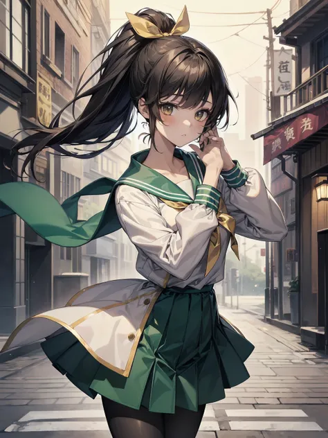 Masterpiece, illustration, super detailed, kawaii, one girl, 独奏, slender 14 year old, Japanese girl, chou chou, ribbon, nape of neck, low ponytail, cute pose in Less revealing attire, (green sailor outfit, two gold lines), large gold ribbon, priss skirt, b...