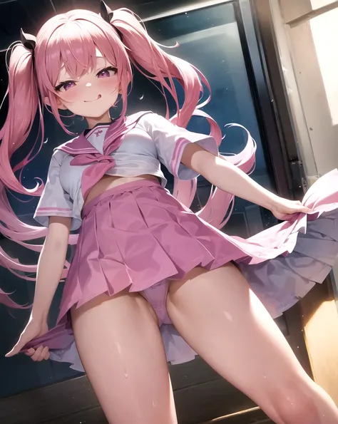 pretty girl、Young face、Pink Hair、Twin tails、Wavy Hair、Pink eyeischievous face、Spoiled brat、uniform、（Sailor suit）、Immature body、Small breasts、Sticking out tongue、Long and cute tongue、smile、Sweat、sexy panties、（Thick thighs:1.5)