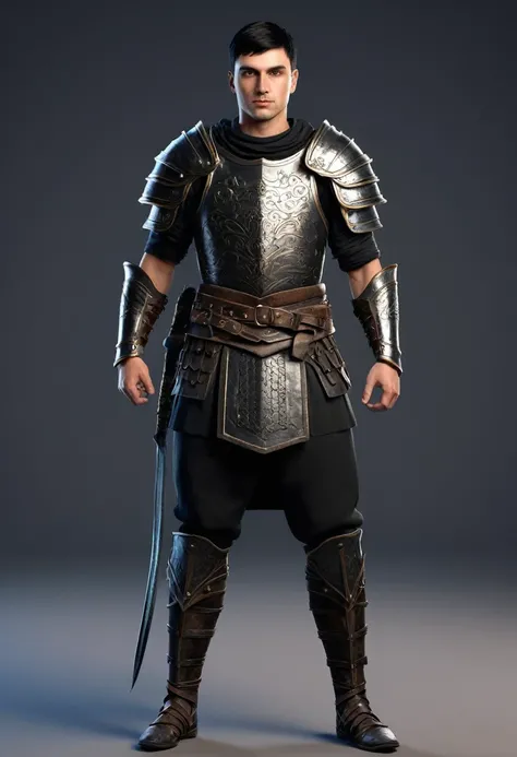 Generate a full body portrait of a european male warrior with black short hair and beautiful features.