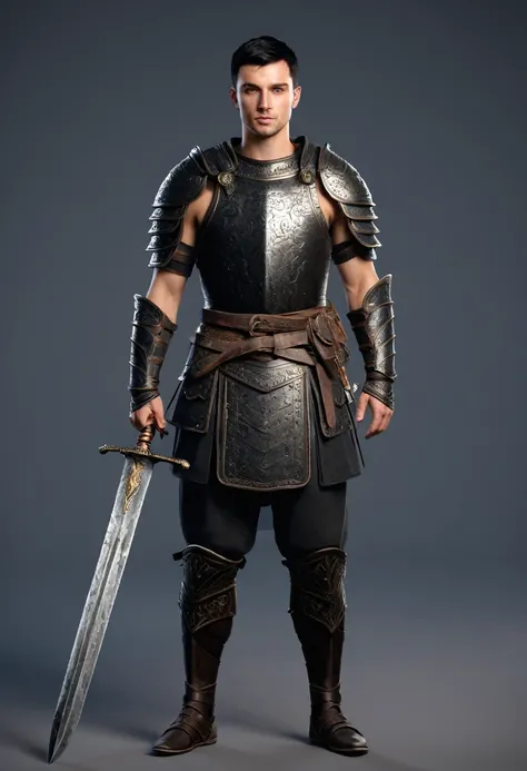 Generate a full body portrait of a european male warrior with black short hair and beautiful features.