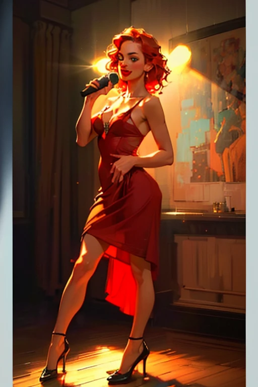 (full body:1.4),((Singing in jazz club)).(sultry eyes, flirty smile:1.2).(ultra realistic illustration:1.3).Sexy 23yo French woman, dyed red hair, green eyes. fit, natural perky breasts, perfect round ass, (suntan). (bangs, long hair:0.8), red lipstick, ma...