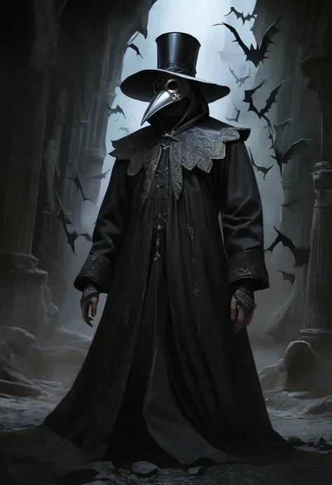 detailed plague doctor in black robe, silver beak mask, black top hat, photorealistic, hyperrealistic, 8k, high quality, cinematic, dramatic lighting, dark fantasy, moody atmosphere, intricate details, gothic, ominous, mysterious, grim, menacing, forebodin...