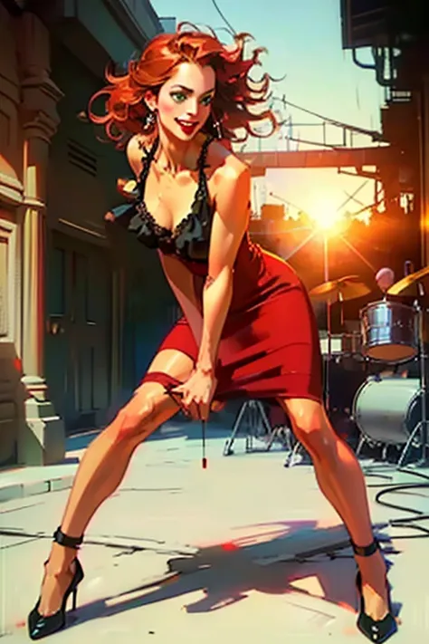 (full body:1.4),((Singing in jazz club)).(sultry eyes, flirty smile:1.2).(ultra realistic illustration:1.3).Sexy 23yo French woman, dyed red hair, green eyes. fit, natural perky breasts, perfect round ass, (suntan). (bangs, long hair:0.8), red lipstick, ma...