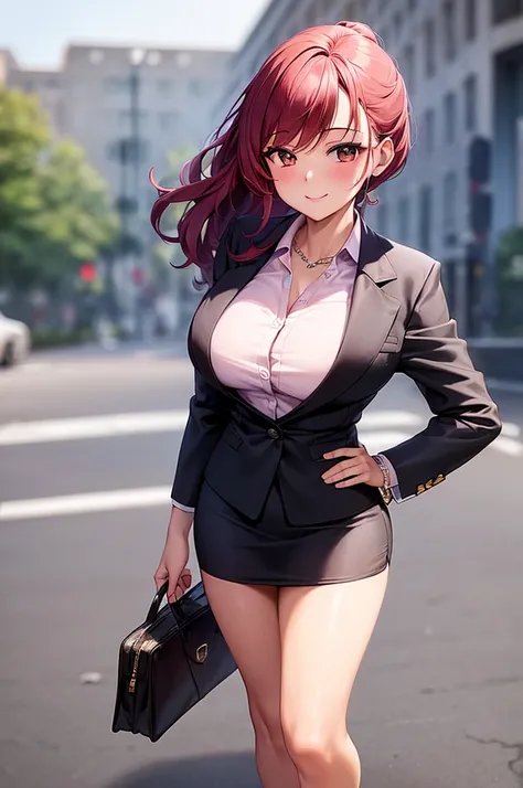 ((masterpiece, best quality, ultra-detailed)), 1girl, beautiful business woman standing in city back turned, smiling, blush, wearing pink blouse, blazer, bracelet, necklace, black midi pencil skirt, black suit skirt, heels, full body, wavy red hair, wide h...