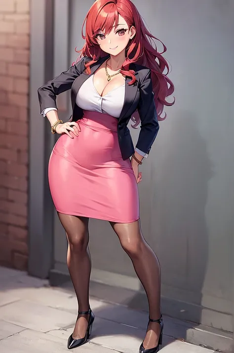 ((masterpiece, best quality, ultra-detailed)), 1girl, beautiful business woman standing in city back turned, smiling, blush, wearing pink blouse, blazer, bracelet, necklace, black midi pencil skirt, black suit skirt, heels, full body, wavy red hair, wide h...