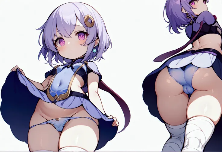 purple hair, rose eyes, short hair, white background, smoll stature, chibi, flat cheast, flat tits. medium thighs, bandaged legs, small breasts, 1 girl, one girl, small stomach, curvy waist, round butt, small belly, clear skin, 1 girl, cute girl, smoll tit...