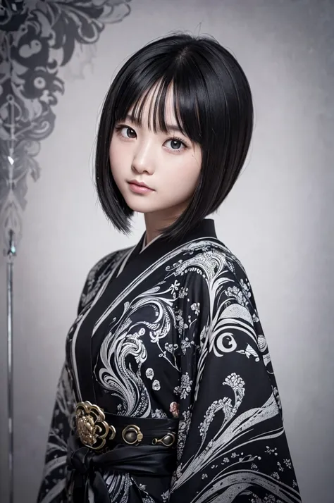 
### Prompt example:

Background with abstract black and white swirling design、Portrait of a beautiful Japanese girl。The beautiful girl has a beautiful face、Have short straight hair、Gives a neat and clean impression。The costume is a monotone robe.、Black an...