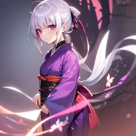 A girl in a purple Japanese kimono, white hair and red eyes 