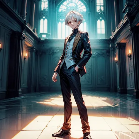 Solo, kid vampire, kid boy, Full body version, light red eyes, wavy haircut, white color hair, suit style outfit, Grassroots, full background indoor room Castle, motion blur, lighting, (one piece style art), standing gesture 