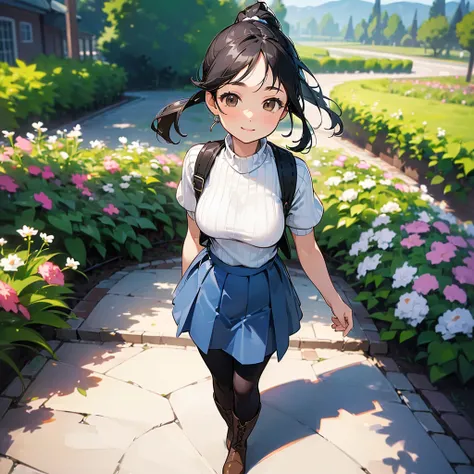 (high quality, High resolution, Very detailed, reality:1.37), Peaceful atmosphere, (Outdoor, garden), Teenage girl standing alone, (my breasts are big.), Beautiful details, Cute Smile, (Black hair ponytail), Short sleeve ribbed sweater, Blue Skirt, Black t...