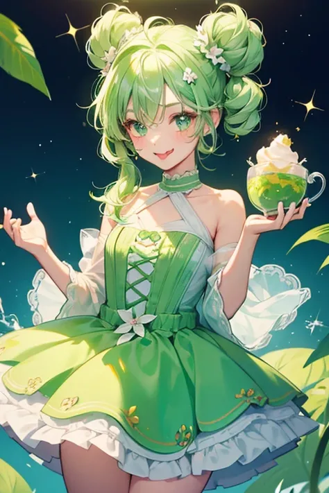 A light green girl bear shaped like a cup or bowl with a winking face and her tongue sticking out. She has white frozen yogurt on top of her head with a small amount curling out to resemble a single bang or forelock, adorned with two mint leaves. SPARKLE; ...