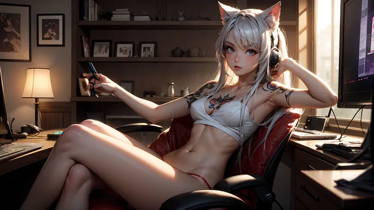 Create a high-quality, detailed image of a beautiful, anime gamer girl that is nude with tattoos and long silver hair, and cat ears, sitting at her gaming PC in her gaming room. She is wearing panties, showing her midriff, highlighting her stunning curves....