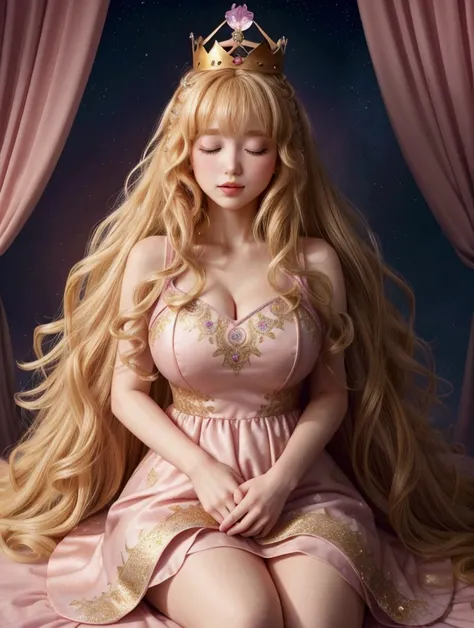 A girl with big blonde hair, short bangs, her hair has large curls at the ends and a golden crown, She wears a pink Aurora Sleeping Beauty dress 